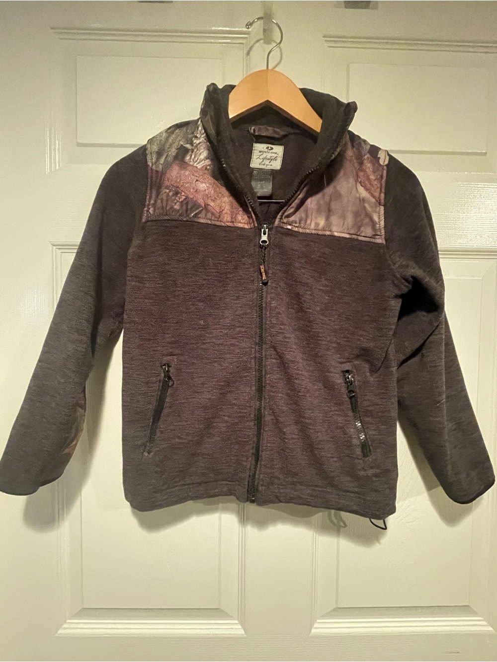 Mossy Oak Dark Brown Heather Kids Full-Zip Hoodie with Camo Yoke